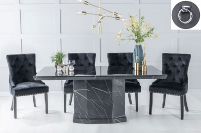 Image of Naples Marble Dining Table Set, Rectangular Black Top and Pedestal Base and Black Fabric Knocker Back Chairs with Black Legs