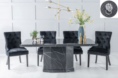 Image of Naples Marble Dining Table Set, Rectangular Black Top and Pedestal Base and Black Fabric Lion Head Ring Back Chairs with Black Legs