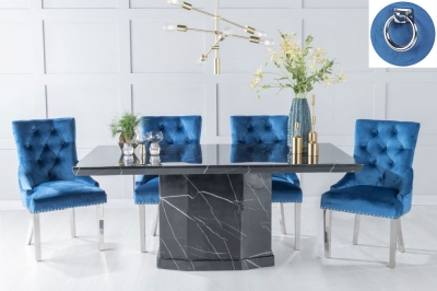 Product photograph of Naples Marble Dining Table Set Rectangular Black Top And Pedestal Base And Blue Fabric Knocker Back Chairs With Chrome Legs from Choice Furniture Superstore