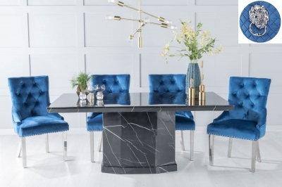 Product photograph of Naples Marble Dining Table Set Rectangular Black Top And Pedestal Base And Blue Fabric Lion Head Ring Back Chairs With Chrome Legs from Choice Furniture Superstore