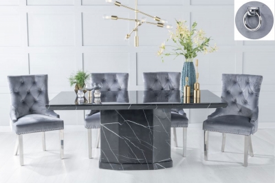 Product photograph of Naples Marble Dining Table Set Rectangular Black Top And Pedestal Base And Grey Fabric Knocker Back Chairs With Chrome Legs from Choice Furniture Superstore