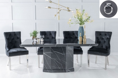 Product photograph of Naples Marble Dining Table Set Rectangular Black Top And Pedestal Base With Black Fabric Knocker Back Chairs With Chrome Legs from Choice Furniture Superstore
