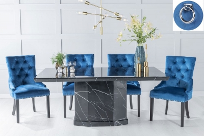 Product photograph of Naples Marble Dining Table Set Rectangular Black Top And Pedestal Base With Blue Fabric Knocker Back Chairs With Black Legs from Choice Furniture Superstore
