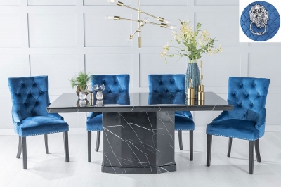 Product photograph of Naples Marble Dining Table Set Rectangular Black Top And Pedestal Base With Blue Fabric Lion Knocker Back Chairs With Black Legs from Choice Furniture Superstore