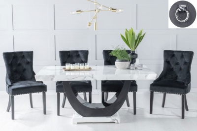 Image of Madrid Marble Dining Table Set, Rectangular White Top and Black Gloss U - Shaped Pedestal Base and Black Fabric Knocker Back Chairs with Black Legs