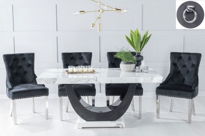 Product photograph of Madrid Marble Dining Table Set White Top And Black Gloss U - Shaped Pedestal Base With Black Fabric Knocker Back Chairs With Chrome Legs from Choice Furniture Superstore