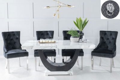 Product photograph of Madrid Marble Dining Table Set White Top And Black Gloss U - Shaped Pedestal Base With Black Fabric Lion Head Ring Back Chairs With Chrome Legs from Choice Furniture Superstore