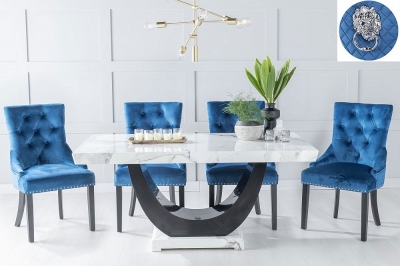 Product photograph of Madrid Marble Dining Table Set White Top And Black Gloss U - Shaped Pedestal Base With Blue Fabric Lion Head Ring Back Chairs With Black Legs from Choice Furniture Superstore