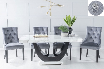 Product photograph of Madrid Marble Dining Table Set White Top And Black Gloss U - Shaped Pedestal Base With Grey Fabric Lion Head Ring Back Chairs With Black Legs from Choice Furniture Superstore