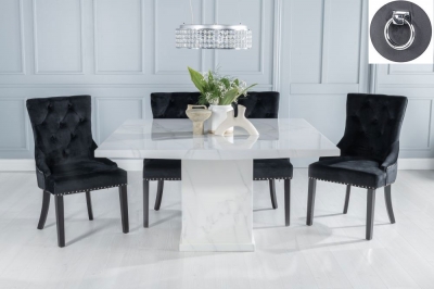 Product photograph of Turin 140cm Square White Marble Dining Set - Black Fabric Knocker Back Dining Chair With Black Legs from Choice Furniture Superstore