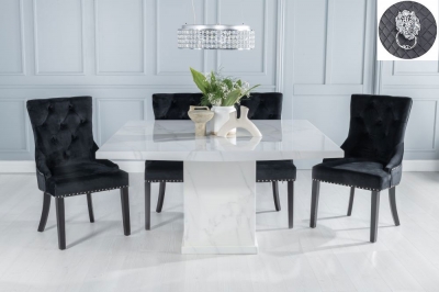 Product photograph of Turin Marble Dining Table Set Rectangular White Top And Pedestal Base And Black Fabric Lion Head Ring Back Chairs With Black Legs from Choice Furniture Superstore