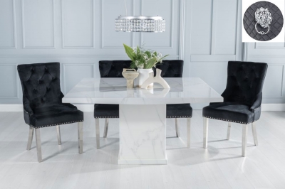 Product photograph of Turin Marble Dining Table Set Rectangular White Top And Pedestal Base And Black Fabric Lion Head Ring Back Chairs With Chrome Legs from Choice Furniture Superstore