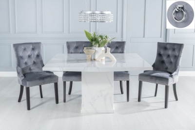 Product photograph of Turin Marble Dining Table Set Rectangular White Top And Pedestal Base And Grey Fabric Knocker Back Chairs With Black Legs from Choice Furniture Superstore
