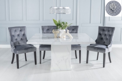 Product photograph of Turin Marble Dining Table Set Rectangular White Top And Pedestal Base And Grey Fabric Lion Head Ring Back Chairs With Black Legs from Choice Furniture Superstore