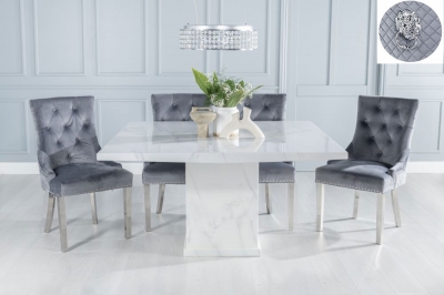 Product photograph of Turin Marble Dining Table Set Rectangular White Top And Pedestal Base And Grey Fabric Lion Head Ring Back Chairs With Chrome Legs from Choice Furniture Superstore