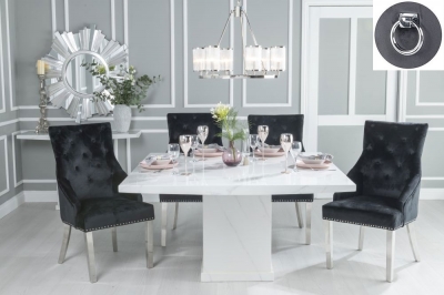 Product photograph of Turin Marble Dining Table Set Square White Top And Pedestal Base With Black Fabric Knockerback Chairs from Choice Furniture Superstore