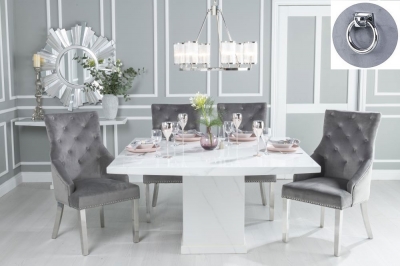 Turin Marble Dining Table Set, Square White Top and Pedestal Base with Grey Fabric Knockerback Chairs