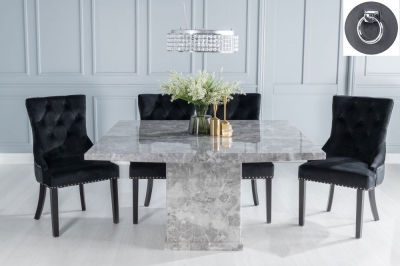 Turin Marble Dining Table Set, Rectangular Grey Top and Pedestal Base and Black Fabric Knocker Back Chairs with Black Legs