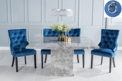 Turin Marble Dining Table Set, Square Grey Top and Pedestal Base with Blue Fabric Knocker Back Chairs with Black Legs