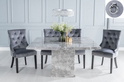 Turin Marble Dining Table Set, Square Grey Top and Pedestal Base with Grey Fabric Knocker Back Chairs with Black Legs