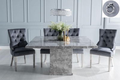 Product photograph of Turin Marble Dining Table Set Square Grey Top And Pedestal Base With Grey Fabric Knocker Back Chairs With Chrome Legs from Choice Furniture Superstore