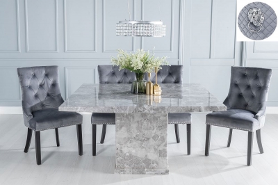 Turin Marble Dining Table Set, Square Grey Top and Pedestal Base with Grey Fabric Lion Head Ring Back Chairs with Black Legs