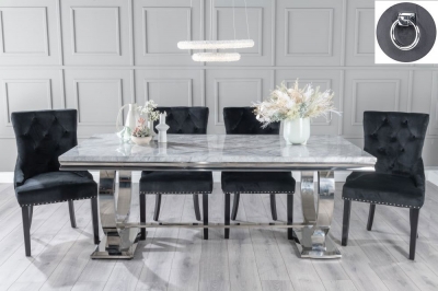 Product photograph of Glacier Marble Dining Table Set Rectangular Grey Top And Ring Chrome Base And Black Fabric Knocker Back Chairs With Black Legs from Choice Furniture Superstore