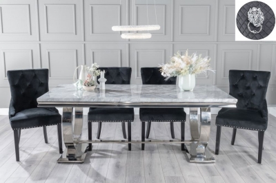 Product photograph of Glacier Marble Dining Table Set Rectangular Grey Top And Ring Chrome Base And Black Fabric Lion Head Ring Back Chairs With Black Legs from Choice Furniture Superstore