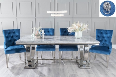 Product photograph of Glacier Marble Dining Table Set Rectangular Grey Top And Ring Chrome Base And Blue Fabric Lion Head Ring Back Chairs With Chrome Legs from Choice Furniture Superstore