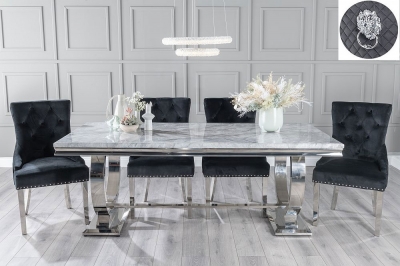 Product photograph of Glacier Marble Dining Table Set Rectangular Grey Top And Ring Chrome Base With Black Fabric Lion Knocker Back Chairs With Chrome Legs from Choice Furniture Superstore