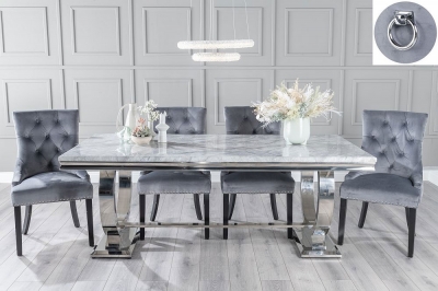 Product photograph of Glacier Marble Dining Table Set Rectangular Grey Top And Ring Chrome Base With Grey Fabric Knocker Back Chairs With Black Legs from Choice Furniture Superstore