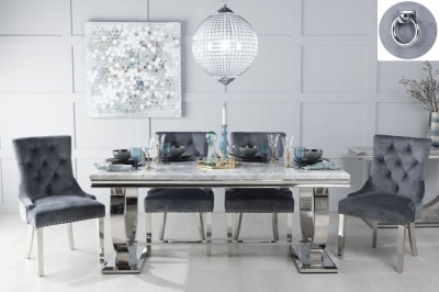 Glacier Marble Dining Table Set, Rectangular Grey Top and Ring Chrome Base with Grey Fabric Knockerback Chairs with Chrome Legs