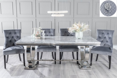 Product photograph of Glacier Marble Dining Table Set Rectangular Grey Top And Ring Chrome Base With Grey Fabric Lion Knocker Back Chairs With Black Legs from Choice Furniture Superstore