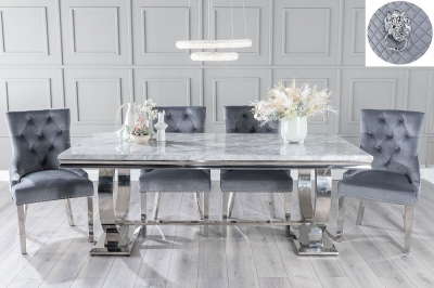 Product photograph of Glacier Marble Dining Table Set Rectangular Grey Top And Ring Chrome Base With Grey Fabric Lion Knocker Back Chairs With Chrome Legs from Choice Furniture Superstore
