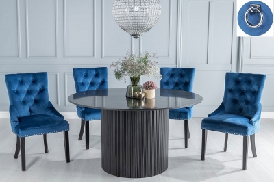 Carra Marble Dining Table Black, Round Top and Fluted Ribbed Drum Base with Blue Fabric Knocker Back Chairs with Black Legs