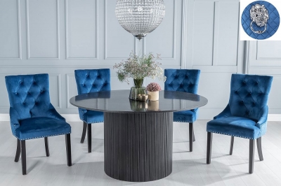 Product photograph of Carra Marble Dining Table Black Round Top And Fluted Ribbed Drum Base With Blue Fabric Lion Knocker Back Chairs With Black Legs from Choice Furniture Superstore