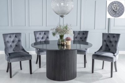 Product photograph of Carra Marble Dining Table Set Round Top And Fluted Ribbed Drum Base And Grey Fabric Lion Head Ring Back Chairs With Black Legs from Choice Furniture Superstore
