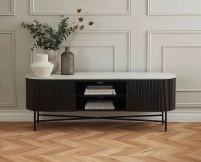 Product photograph of Carra Marble Tv Unit White Top With Black Fluted Ribbed Drum Base from Choice Furniture Superstore