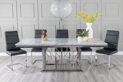 Product photograph of Vortex Marble Dining Table Set Rectangular Grey Top And Steel Chrome Base With Arabella Black Faux Leather Chairs from Choice Furniture Superstore