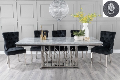 Product photograph of Vortex Marble Dining Table Set Rectangular Grey Top And Steel Chrome Base With Black Fabric Lion Knockerback Chairs With Chrome Legs from Choice Furniture Superstore
