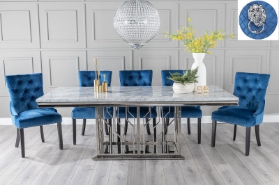 Product photograph of Vortex Marble Dining Table Set Rectangular Grey Top And Steel Chrome Base With Blue Fabric Lion Knockerback Chairs With Black Legs from Choice Furniture Superstore