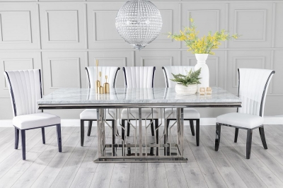 Product photograph of Vortex Marble Dining Table Set Rectangular Grey Top And Steel Chrome Base With Cadiz White Faux Leather Chairs from Choice Furniture Superstore