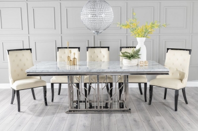 Product photograph of Vortex Marble Dining Table Set Rectangular Grey Top And Steel Chrome Base With Carmela Cream Faux Leather Chairs from Choice Furniture Superstore