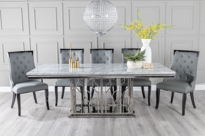 Product photograph of Vortex Marble Dining Table Set Rectangular Grey Top And Steel Chrome Base With Carmela Grey Faux Leather Chairs from Choice Furniture Superstore