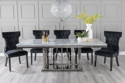 Product photograph of Vortex Marble Dining Table Set Rectangular Grey Top And Steel Chrome Base With Courtney Black Fabric Chairs from Choice Furniture Superstore