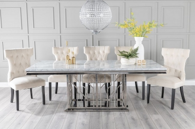 Product photograph of Vortex Marble Dining Table Set Rectangular Grey Top And Steel Chrome Base With Courtney Champagne Fabric Chairs from Choice Furniture Superstore