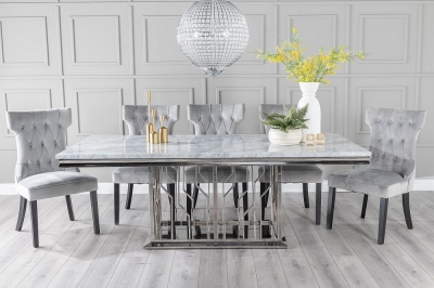 Product photograph of Vortex Marble Dining Table Set Rectangular Grey Top And Steel Chrome Base With Courtney Light Grey Fabric Chairs from Choice Furniture Superstore