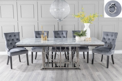 Product photograph of Vortex Marble Dining Table Set Rectangular Grey Top And Steel Chrome Base With Grey Fabric Knockerback Chairs With Black Legs from Choice Furniture Superstore