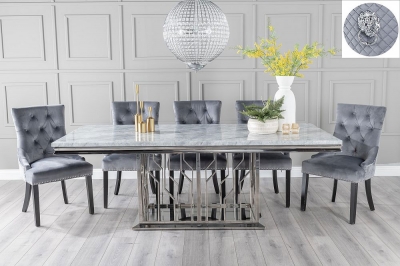 Product photograph of Vortex 220cm Grey Marble And Chrome Dining Set - Grey Fabric Lion Knockerback Chairs With Black Legs from Choice Furniture Superstore