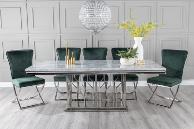 Product photograph of Vortex Marble Dining Table Set Rectangular Grey Top And Steel Chrome Base With Lyon Green Fabric Chairs from Choice Furniture Superstore